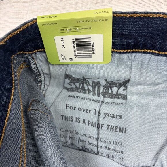 Levis 502 Taper Big & Tall Jeans 46x30 Levis Flex Stretch Denim Mens Classic Fit - Picture 5 of 14
